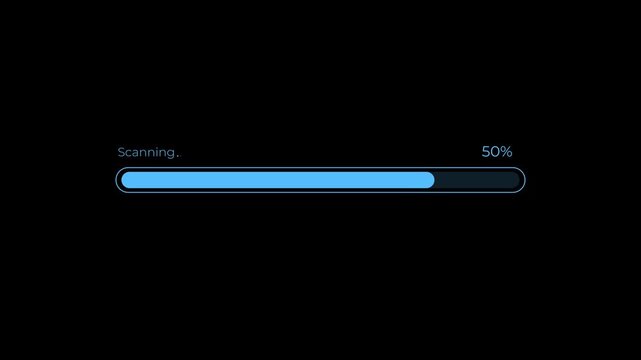 Scanning loading bar animation with precise percentage counter.  Scanning  of virus, malware and insecure apps. Animation of 4k video. 