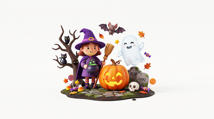 Fototapeta premium 3D Rendered Cute Witch Character Design; Adorable Halloween Mascot, Pumpkin, Ghost, and Bat; Fun Holiday Illustration