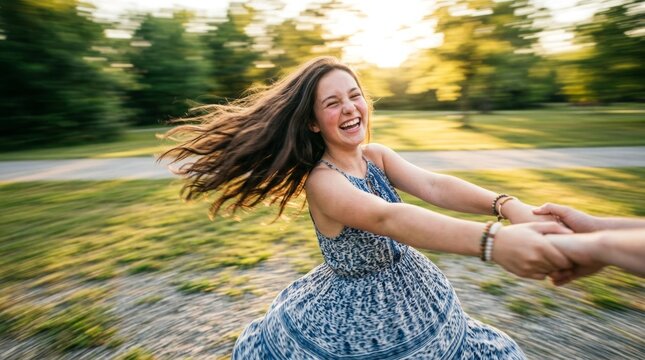 Happy young woman spinning and holding hands in a park at sunset.