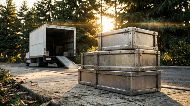 Metal storage containers stacked outdoors with delivery truck in background.