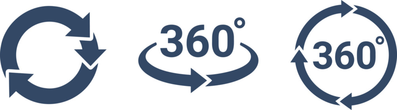 Circular arrows with 360 degree symbols indicating rotation and view on white background