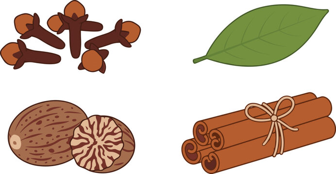 Aromatic Baking Spices Vector Set Featuring Cinnamon Sticks Nutmeg Cloves and Bay Leaf Icons for Cooking Food Blogging and Autumn Culinary Designs