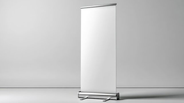 A blank roll-up banner stand in a minimalist room with gray walls. Ideal for corporate branding and trade show promotional displays.