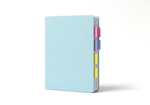Light blue notebook with colorful page markers and tabs for organization and planning