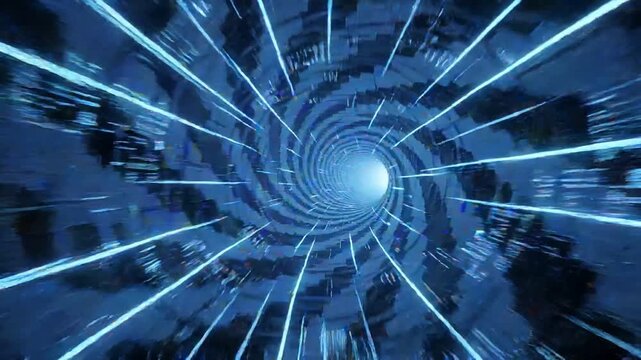 Futuristic Sci-Fi Tunnel with Blue Neon Lights Moving at High Speed, Digital Data Stream Cyberspace Loop