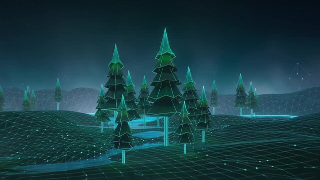 Digital futuristic forest landscape with glowing pine trees and neon blue grid terrain under starry night sky