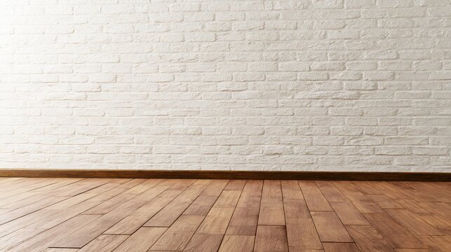 A bright room features a rustic white brick wall and polished wooden flooring. This empty space is ideal for product photography or home interior mockups.