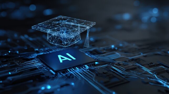 A glowing digital graduation cap floats above an AI microchip on a circuit board with blue lighting. This concept illustrates machine learning and artificial intelligence.