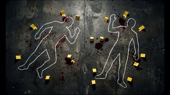 Double crime scene with white chalk body outlines and yellow evidence markers on dark concrete floor