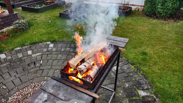 On a tiled area near a grassy lawn there is a metal brazier in which birch firewood burns and turns into coals and smoke comes out. There are raised beds nearby. Cloudy autumn weather