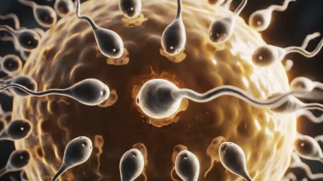 Sperm cells swimming towards a human egg cell, representing fertilization and reproduction