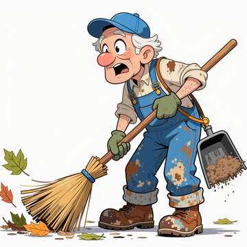 A surprised elderly street cleaner sweeps leaves with a giant broom on a white background, wearing faded blue overalls and a hat.