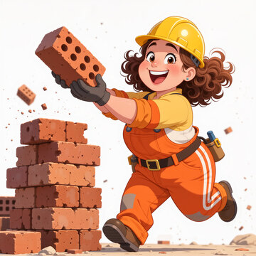 A joyful junior woman in bright construction gear cheerfully stacks giant bricks.