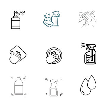 Set of clean vector line icons for hygiene, cleaning supplies, and handwashing procedures on a isolated white background, perfect for healthcare, sanitation, and  visual guides, household maintenance 