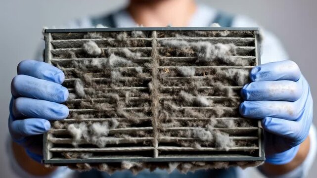 Person in blue gloves holding a dirty, dusty air filter with thick lint and debris