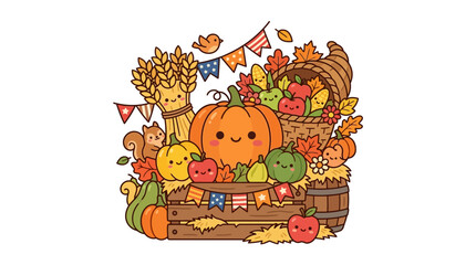 Fototapeta premium Cute autumn harvest basket with pumpkin and seasonal cornucopia.