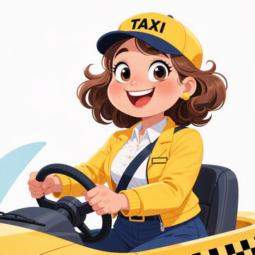 A smiling youthful woman taxi driver with huge sparkling eyes and wild wavy hair drives with enthusiasm and joy on a light background.
