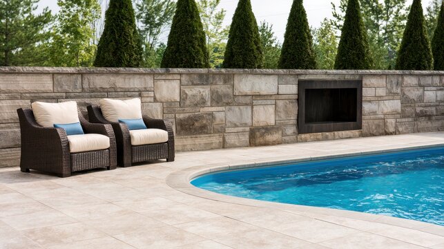 Luxury patio furniture sits by a stone wall with a fireplace next to a swimming pool. Ideal for high-end home design and lifestyle concepts.