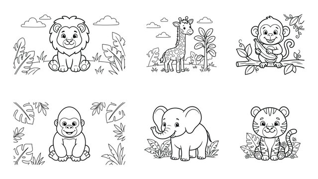 Cute safari animals coloring page set featuring a lion giraffe monkey zebra elephant and bear outline animal outline black and white zoo animals kids coloring book line art vector art