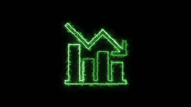 Glowing green neon business graph down trend arrow animation on black background loop.