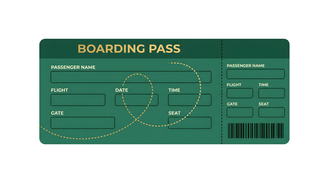 Blank green boarding pass template with flight information fields isolated on transparent background