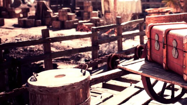 Wooden cart with red boxes sits on a wooden platform in an outdoor market. Surrounding area has wooden fences and crates stacked. It is a sunny day.