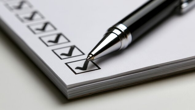 A black pen ticking off checkboxes on a white notepad paper. Perfect for business productivity and task management concepts.