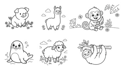 Naklejka premium Cute cartoon exotic and farm animals set featuring pig alpaca monkey seal sheep sloth line art drawings coloring page black and white background illustration character collection children