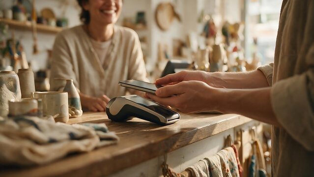 The customer is making a contactless payment using their smartphone on the payment terminal.