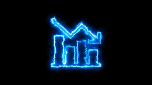Glowing blue neon business graph down trend arrow animation on black background loop.