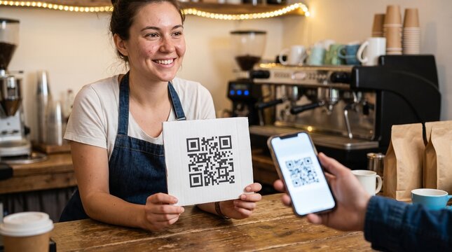 Smiling barista showing QR code payment sign at coffee shop counter