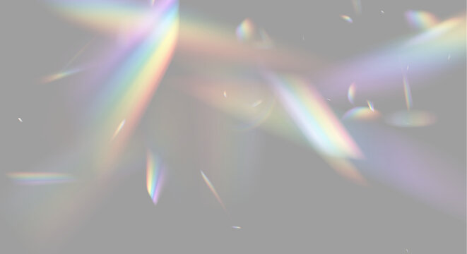 Colorful light refractions scatter in varying directions across a dark background. Multiple prism effects create vibrant, sharp bands with rainbow hues and subtle glows.