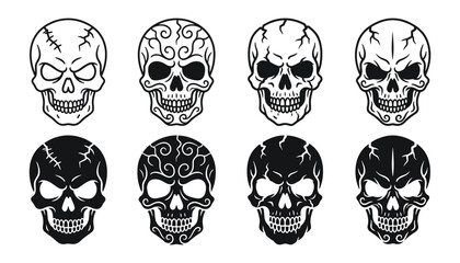 Fototapeta premium Set of eight detailed human skull illustrations in black and white style isolated on a white background for creative design projects