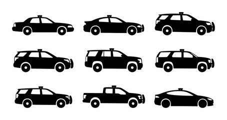 Police Car Icons, Law Enforcement Vehicles, Emergency Transport, Black Silhouette Set © Diganto