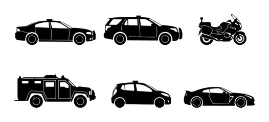Police and Security Vehicles Vector Icons: Patrol Car, SUV, Motorcycle, Armored Truck, Sedan © Diganto