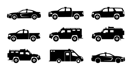 Police and Emergency Vehicle Icons Set, Black Silhouette Collection for Security and Law Enforcement Graphics © Diganto