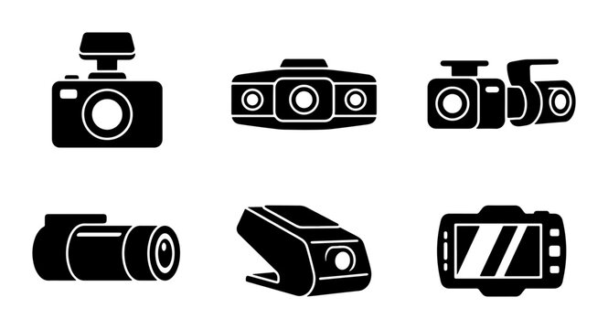 Dashcam Icons Set, Car Camera Vector Graphics, Driving Recorder Symbols, Security Surveillance