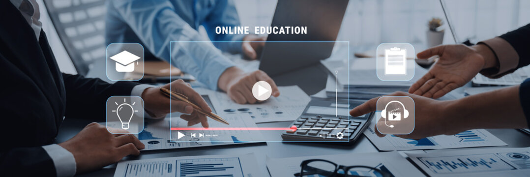 A dynamic scene showcasing hands collaborating in an online education context, emphasizing teamwork and innovative learning through digital tools and discussion. Trope