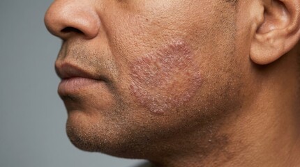 Naklejka premium Close up profile view of a man with acne scarring on his cheek
