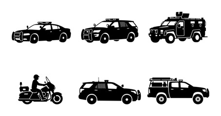 Police Vehicle Icons: Law Enforcement Cars, SUV, Motorcycle, Truck, Armored Car Silhouettes © Diganto