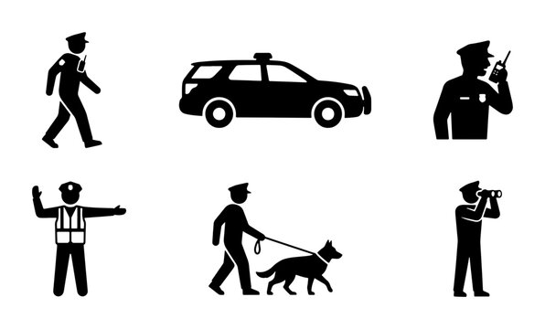 Police Officer Icons Set: Patrol Car, K9 Unit, Traffic Control, Surveillance, Communication