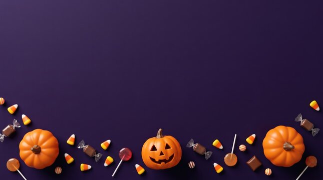 3D Hallowing day abstract  background new 2026 Halloween pumpkins and candy assortment on dark background isolated on transparent background, isolated on white background