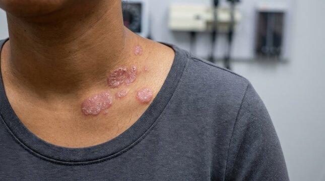 Close up of a skin rash on the neck and collarbone area of a young person