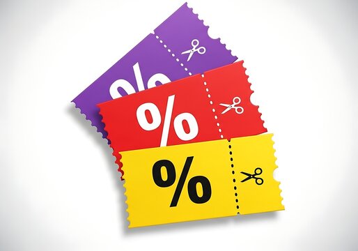 Three colorful discount coupons with percentage symbols and scissor icons for retail sales