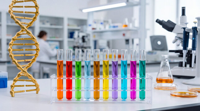 Colorful test tubes in a rack beside a gold DNA helix and microscope in a bright science lab