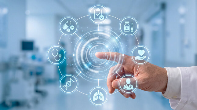 Doctor touching a digital healthcare interface with medical icons including DNA, lungs, and pills