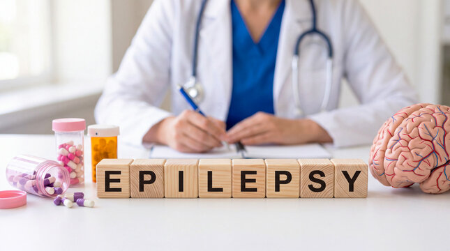 Doctor writing with epilepsy letter blocks, pill bottles, and brain model on the clinic desk