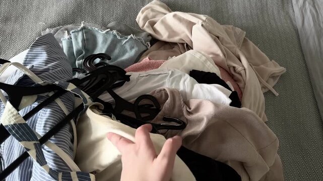Hand sorting clothes with hangers on bed, wardrobe organization and decluttering concept, home lifestyle, horizontal video