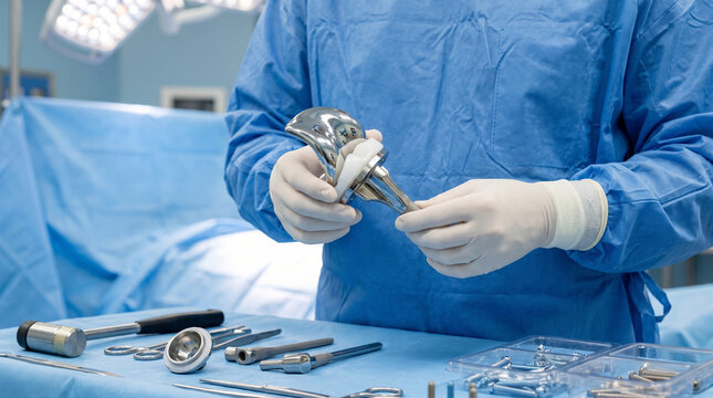 Surgeon holding an orthopedic joint implant with surgical tools laid out in the operating room