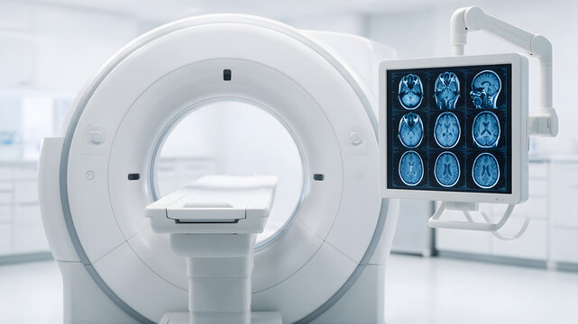 MRI scanner with brain scan images on monitor in a clean, modern radiology clinic